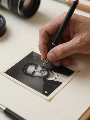Extreme close-up of a restorer's hands delicately handling a faded photographic print on a clean cream surface under soft diffused studio light, archival tools visible at the edge of frame
