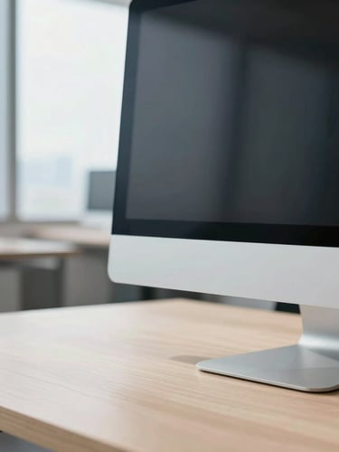 Macro detail shot of a sanitized modern office desk, sleek aluminum monitor and clean wood surface in sharp focus, bright natural morning light