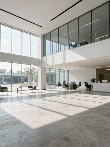Wide architectural angle of a bright modern corporate office lobby, clean concrete floors, morning daylight, sharp shadows.