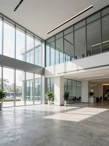 Wide architectural shot of a bright, pristine modern corporate office lobby with clean glass panels and concrete floor, morning daylight