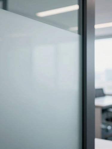 Sharp macro detail of a pristine, dust-free glass partition in a modern office, bright natural light, crisp cool tones