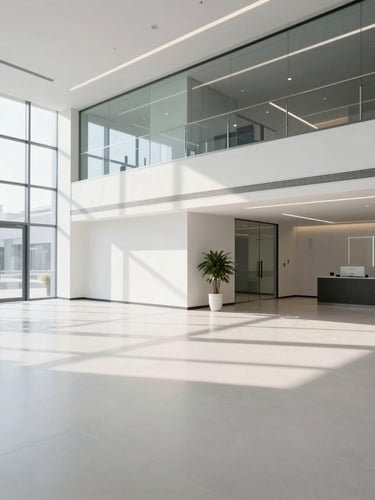 Wide architectural angle of a pristine, empty modern corporate lobby in bright morning daylight, clean shadows, crisp cool tones