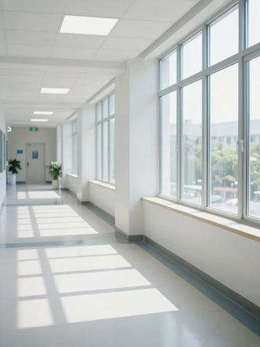 A pristine, sunlit medical clinic corridor with polished floors, clean architectural lines, bright morning daylight filtering through large windows, sharp focus.