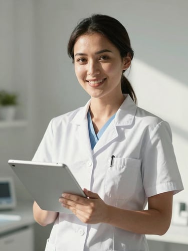 A warm, natural-light portrait of a female dermatology practitioner in clean clinical attire, holding a tablet and smiling warmly in a sunlit modern clinic.