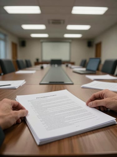 Wide shot of an open policy report on a long institutional conference table, overhead fluorescent lighting casting even cool light, a hand resting on the document, other papers and a laptop visible in the soft background