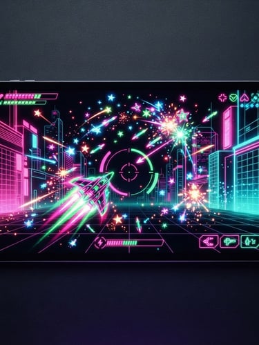 Direct flat-lay device mockup showing a vibrant retro-modern game interface with neon pink and green accents, uncropped gameplay frame, high-contrast digital backlighting