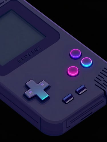 Sharp vector illustration of a retro handheld gaming console with neon glowing buttons, high contrast dark mode aesthetic, clean lines