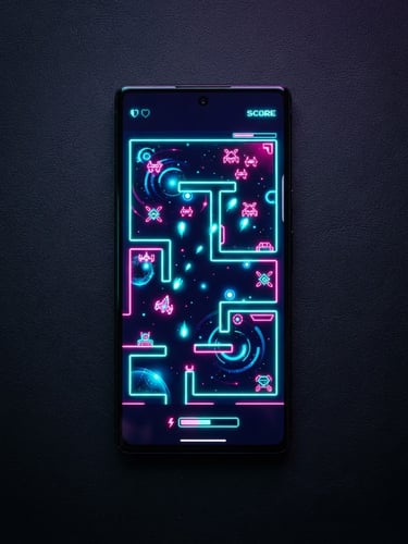Direct flat-lay device mockup of an Android phone displaying a retro game with neon pink and bright teal vector sprites, high-contrast dark mode background, glowing backlight, sharp digital art.