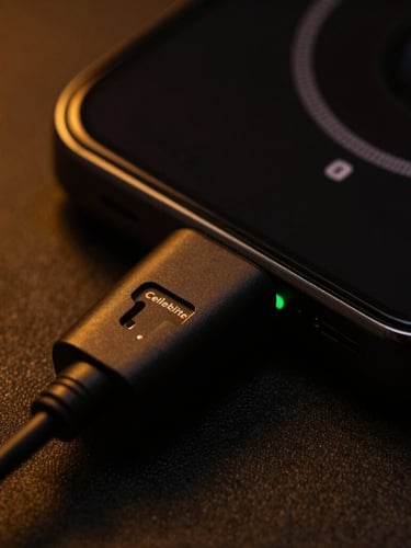Extreme close-up of a Cellebrite hardware adapter connected to a dark smartphone, low-key dramatic lighting with sharp amber key lights, high contrast, 35mm lens.