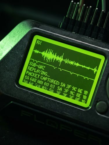 Extreme macro shot of a Flipper Zero screen executing a sub-GHz replay attack, sharp neon green key light casting across dark metallic casing, high contrast, 35mm lens.
