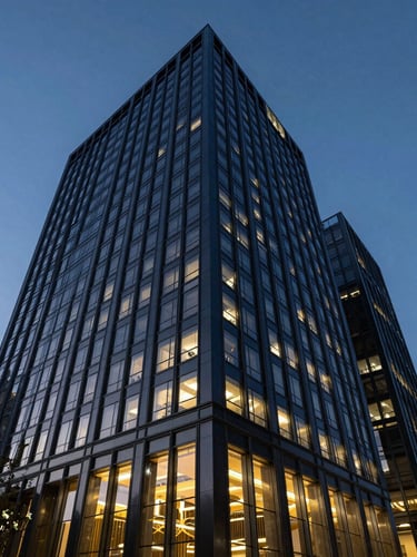 Low-angle architectural photograph of a premium corporate headquarters, dramatic twilight blue hour lighting, deep navy and gold tones, sharp wide-angle lens