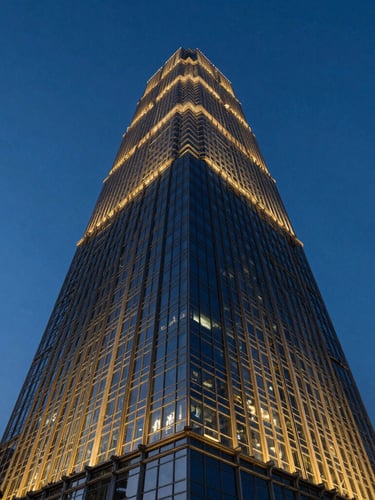 Low-angle architectural photograph of a modern luxury skyscraper at twilight, gold lighting accents on a glass facade, deep blue hour sky, wide-angle lens.