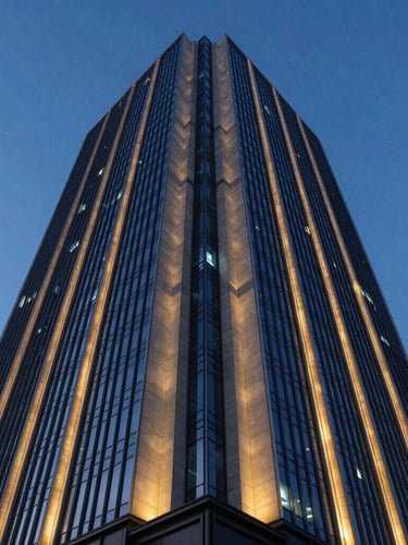 Low-angle wide shot of a modern high-rise building intersecting with clean, geometric blue and gold light beams, representing the merger of physical and digital infrastructure, twilight hour