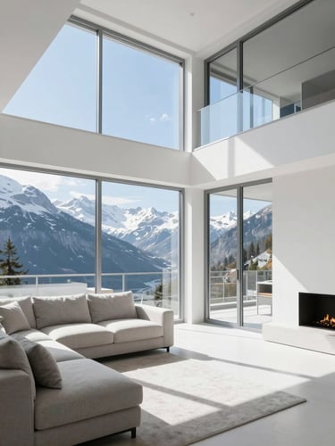 Bright architectural photography of a pristine modern Swiss living room, natural alpine daylight streaming through large windows, sharp focus, 35mm lens, clean lines and white surfaces