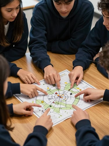A medium-close action shot of diverse high school students collaborating around a wooden table, hands pointing at a tactical strategy map, natural high-contrast light, deep navy and warm gold tones