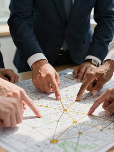 Close-up of diverse professional team collaborating over a tactical map, hands pointing at strategy lines, high-contrast natural light, warm gold accents, 35mm lens