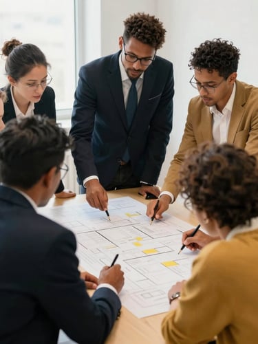 A medium-close action shot of a diverse team collaborating over a strategy board in high-contrast natural light, deep navy and warm gold tones, editorial documentary style.