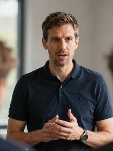 A close-up documentary portrait of Christopher Zebert, an experienced leadership coach, speaking with authority during an active team simulation, natural high-contrast light, warm gold undertones, 35mm lens