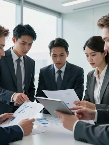 Close-up of a diverse group of executives reviewing financial documents on a sleek tablet in a modern office, sharp focus, cool lighting, professional editorial style