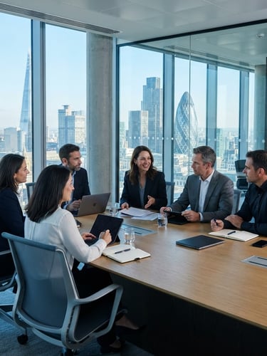 Professional business team meeting in a modern London office boardroom with a city skyline view.