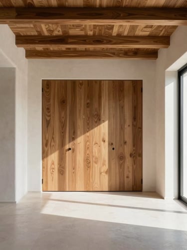Sophisticated high-contrast interior design of a newly renovated Spanish villa, soft architectural lighting highlighting oak wood and microcement, sharp focus, 35mm