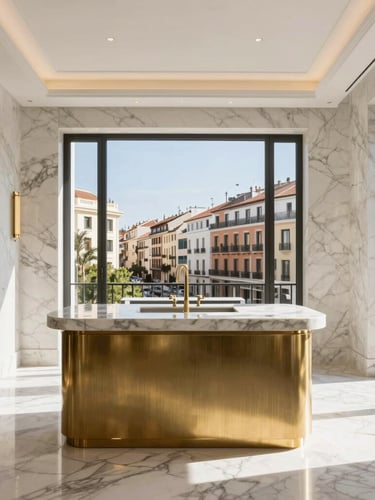 Wide-angle architectural photograph of a luxury Madrid apartment interior, bright natural Mediterranean daylight, premium marble and brushed brass details, sharp focus, 35mm