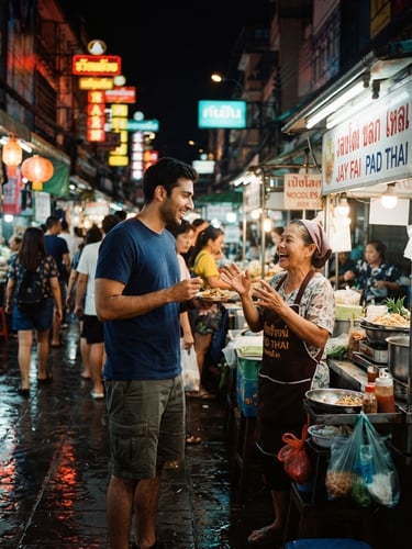 Wide panoramic shot of Karan, mid-conversation with a local, in a vibrant night market alley in Southeast Asia, neon lights reflecting on wet pavement, candid documentary style, natural daylight, warm tones, 35mm film grain, editorial travel style