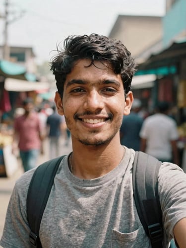 Candid portrait of Karan, a young male traveler, smiling genuinely amidst a vibrant street market, natural daylight, warm tones, 35mm film grain, first-person framing