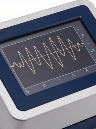 Close-up of a calibration device screen showing technical wave patterns, metallic aesthetic machine chassis, navy blue reflections
