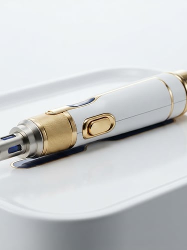 Macro studio shot of a sleek aesthetic laser handpiece with gold accents, resting on a clean white medical-grade surface, bright clinical lighting, 8k