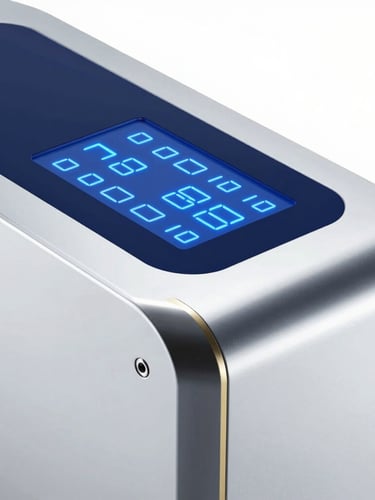 Detailed close-up of an aesthetic machine chassis, showing polished metallic edges, clean geometric lines, and a glowing digital interface under soft clinical blue light
