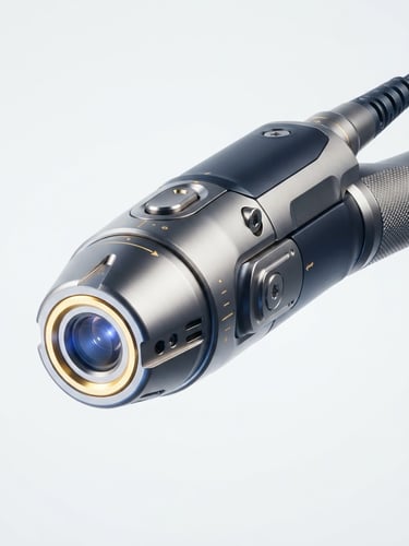Macro shot of a high-end laser aesthetic equipment handpiece, golden indicators, sleek metallic chassis, clinical white background, studio lighting
