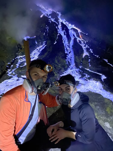 Couple at Blue Fire Lava at Mt. Ijen Crater Banyuwangi
