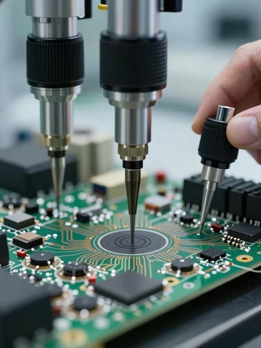 Close-up of technical diagnostic probes testing a complex industrial circuit board in a specialized laboratory, sharp focus, technical cold lighting.