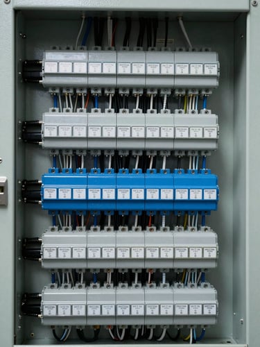 Close-up of a modern industrial electrical panel, perfectly organized blue and gray wiring, labeled terminals, clean layout, sharp focus, cool technical laboratory lighting, symmetric straight-on angle, high precision engineering.