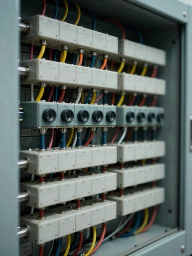 Close-up simétrico de um painel elétrico industrial com cabeamento impecavelmente organizado e componentes eletrônicos sob luz técnica fria.