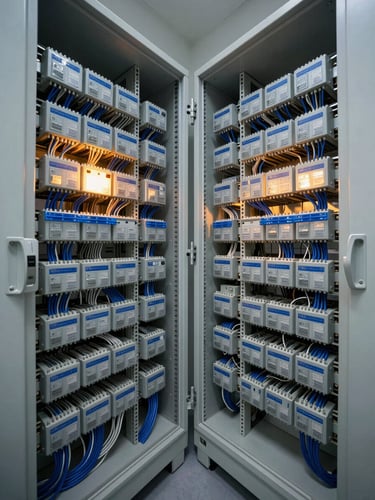 Plano médio simétrico de um painel elétrico industrial aberto, cabeamento estruturado impecável com fios azuis e cinzas organizados em canaletas, iluminação fria e focada de laboratório, sem pessoas.