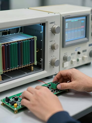 Close-up focado nas mãos de um engenheiro utilizando um osciloscópio para diagnosticar uma placa eletrônica de inversor de frequência em uma bancada técnica, iluminação clara e direta.