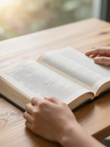 Close-up of hands holding an open Bible on a wooden table, soft sun flares, warm editorial photography, natural daylight.