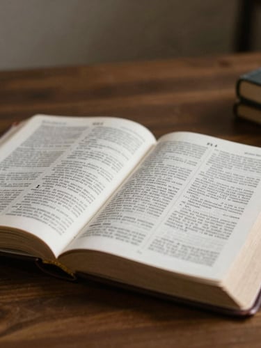 A warm, natural light photograph of hands holding a well-worn Bible on a rustic wooden table, soft focus, authentic community feel