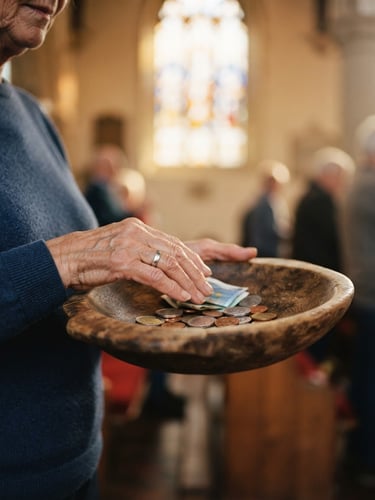 A close-up of hands holding a handcrafted wooden offering plate, warm morning light filtering through a church window, soft focus, 35mm lens