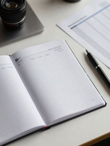 Overhead close-up of a clean desk surface: open financial ledger, a closed notebook, and a pen resting beside printed spreadsheets under even diffused office daylight — no people, no screens