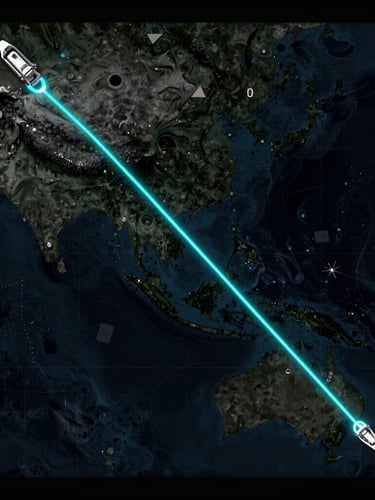 High-contrast telemetry screen showing vessel route optimized with glowing cyan lines over dark bathymetric ocean map.