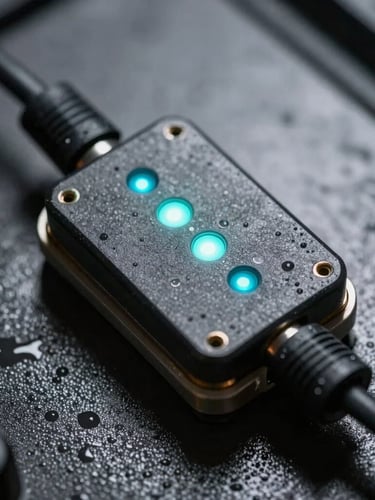 Macro close-up of a ruggedized marine telemetry sensor node, glowing cyan LED indicators, thick black cabling, wet metallic surface, low-key high-contrast lighting.