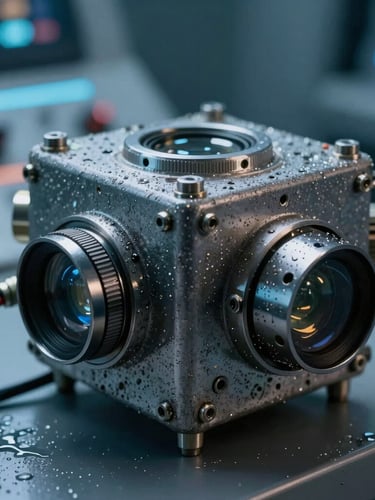 Macro close-up of a ruggedized oceanographic sensor casing, salt-crusted metal and heavy-duty cabling, cool blue control room light reflecting on wet surfaces.
