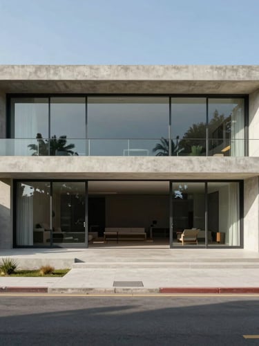 Wide panoramic straight-on architectural elevation of a luxury concrete and glass villa in Condomínio Península, bright natural daylight casting soft shadows, minimal clean composition.