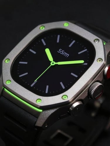 Exploded technical view of a rugged smartwatch alloy casing, sharp macro details, neon green accent glows, dark low-key background, 35mm