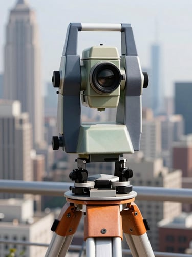 High-precision electronic theodolite on a tripod over a city skyline, sharp architectural photography, bright daylight, high contrast, 35mm lens