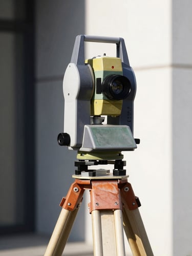 A high-precision modern electronic total station surveying instrument on a tripod, sharp metallic details, crisp morning light, architectural lines in background, high contrast.