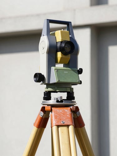 Sharp macro photograph of a high-precision surveying theodolite on a tripod, bright daylight, deep navy and gold reflections on the metallic chassis, clean concrete architectural lines in the background, high contrast, 35mm lens.